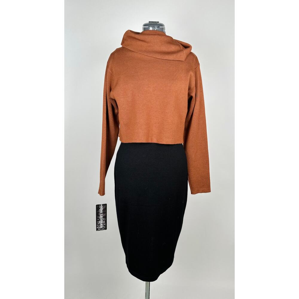 Nina Leonard Black & Cognac Knit Dress Size S NWT